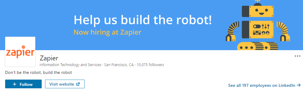 El encabezado de LinkedIn de Zapier promueve que están contratando