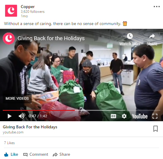 Copper utiliza LinkedIn para mostrar su cultura de empresa.