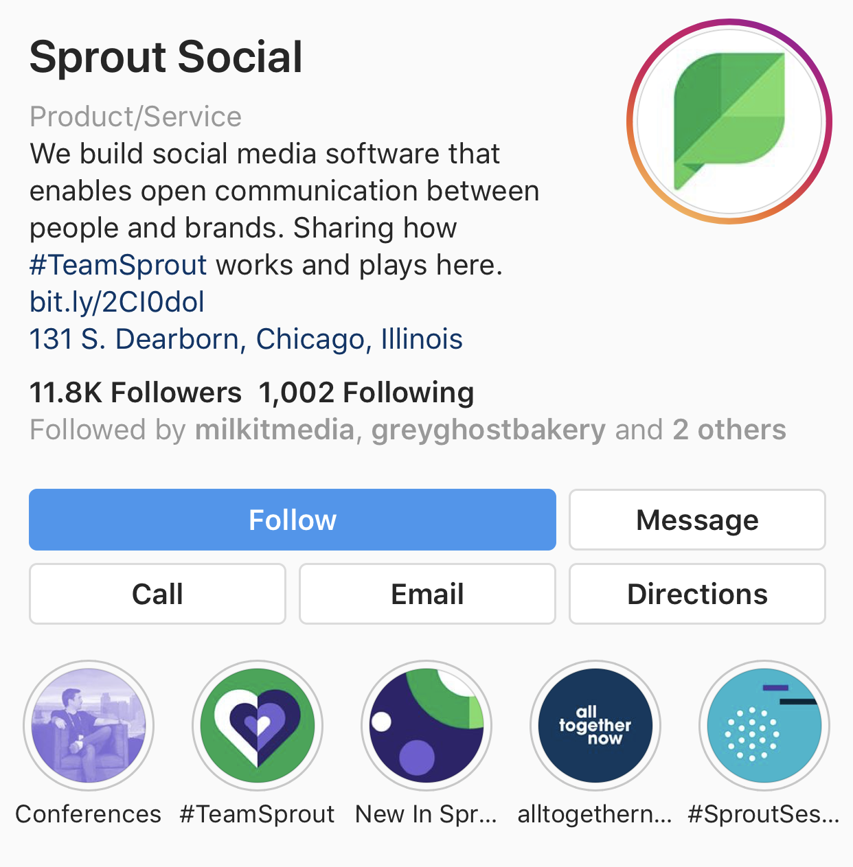 Página de Instagram de sprout con historia destacada