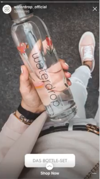Waterdrop Instagram Stories anuncio mostrando una botella de agua