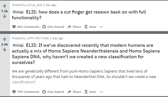 Reddit publica en eli5 haciendo preguntas a la gente sobre temas de biología