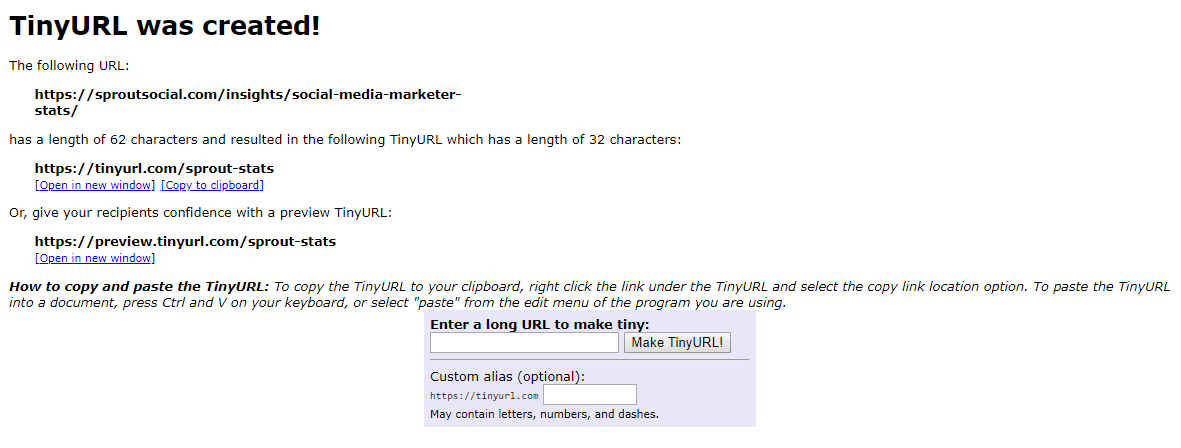 URL acortada creada con alias personalizado en tinyurl
