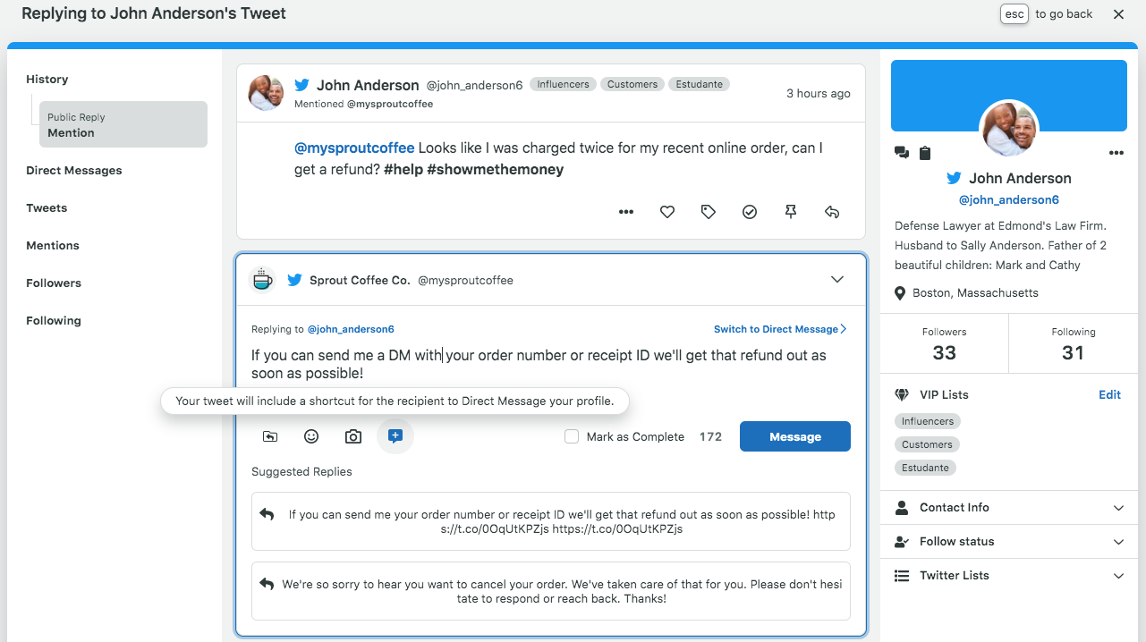Agregar un botón para que los usuarios de Twitter le envíen un mensaje directo es fácil en el panel de Sprout Social