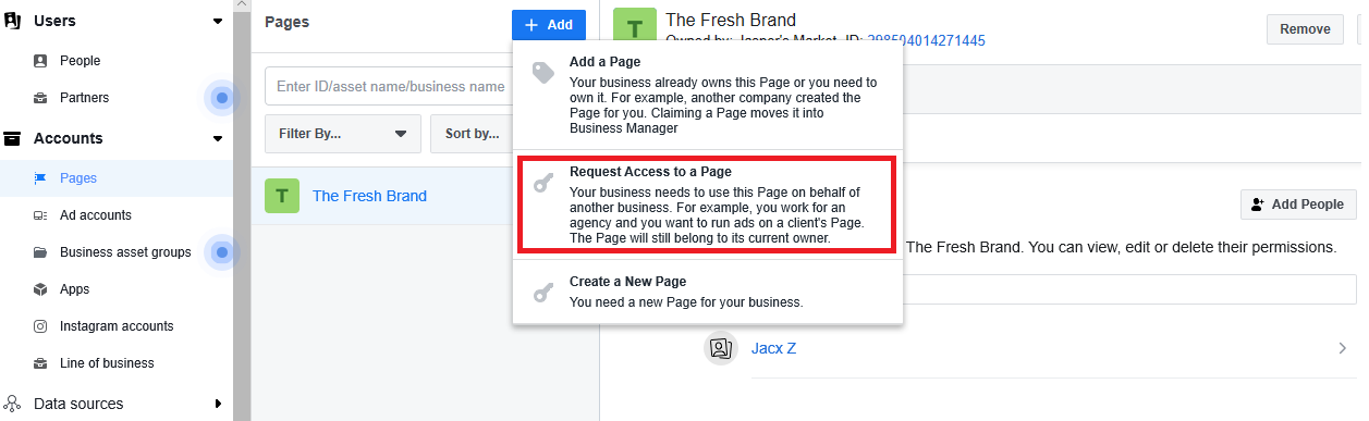 Solicite la opción de acceso para el gerente comercial de Facebook