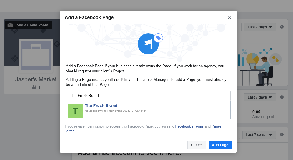 agregar ventana de página en el administrador de negocios de Facebook